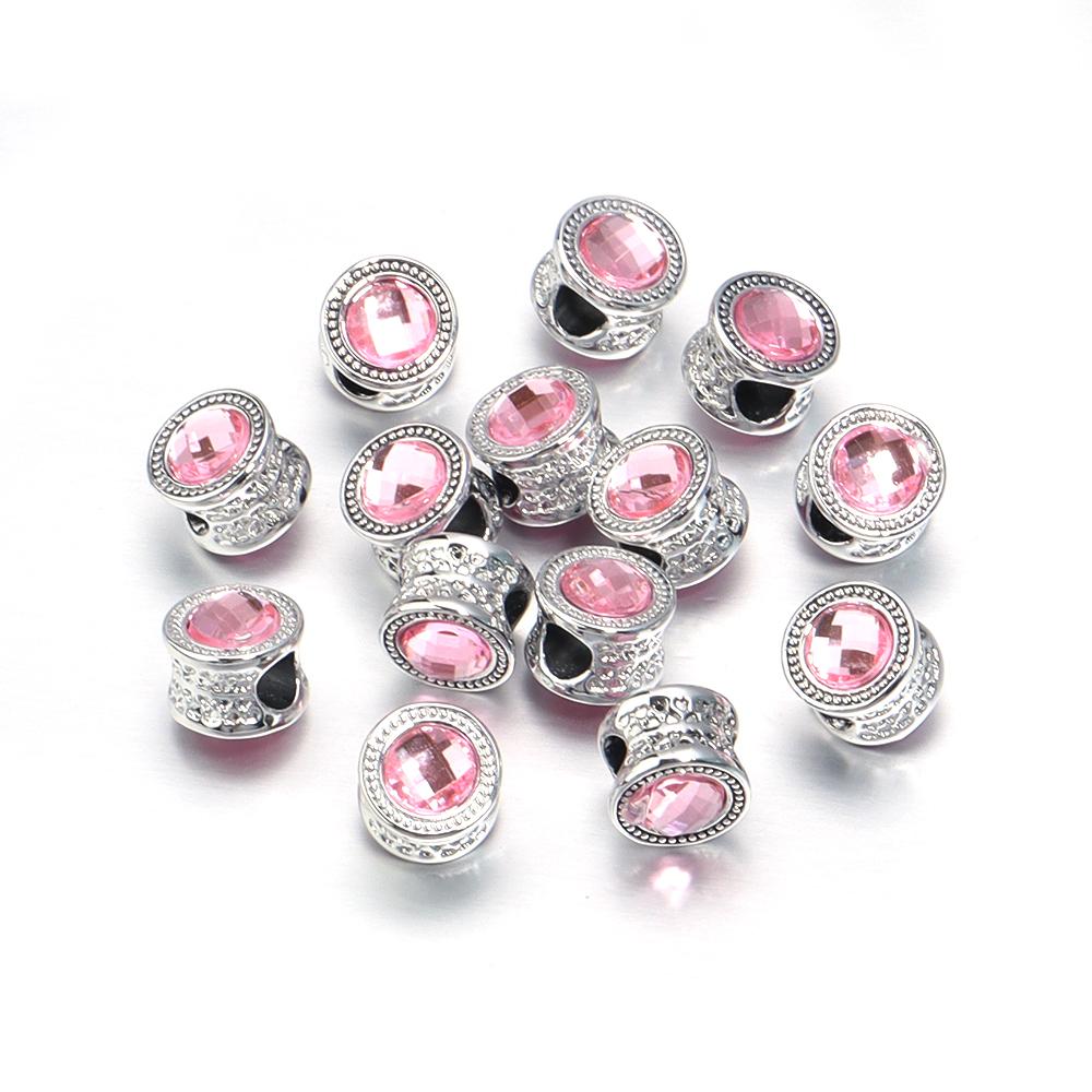 10pcs/Lot Color Alloy Rhinestone Spacer Beads Large Hole Barrel Bead for Jewelry Making DIY Charms Bracelet Hair Beads Accessory