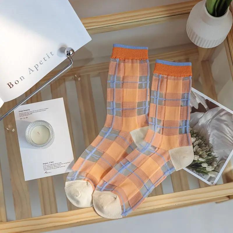 Summer Thin Mesh Stocks for Women Tulip Rose Flower Crystal Glass Silk Socks Korean All-match Light Visible Mid-calf Stocking