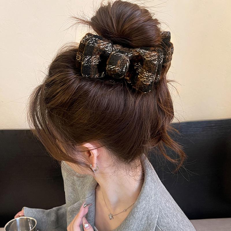 Coffee leopard print double-sided plush bow leopard print hairpin retro style shark clip hair accessories