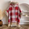 Womens Winter Plaid Oversized Cape Coat With Faux Fur Collar Warm Thickened Fleece Lined Hooded Outerwear