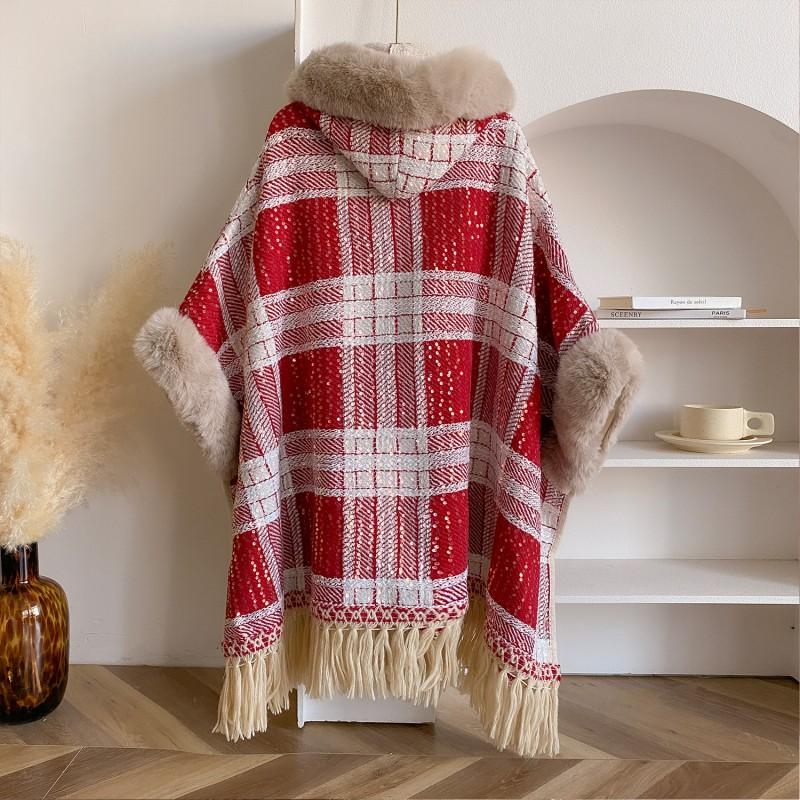 Womens Winter Plaid Oversized Cape Coat With Faux Fur Collar Warm Thickened Fleece Lined Hooded Outerwear