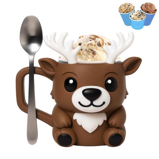 Reindeer Ice Cream Pint Holder with Spoon Slot Thermal Protection Cup Coaster Animal Shape Christmas Ice Cream Cup Holder