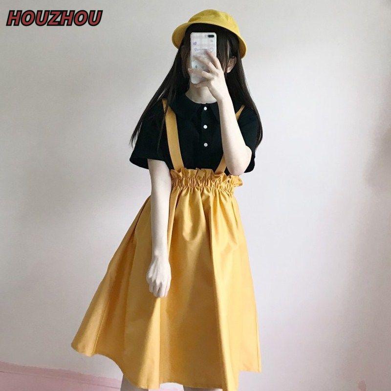 

Kawaii Простота Юбка на бретельках Повседневная милая юбка-трапеция Однотонная юбка в японском стиле Юбка-миди с высокой талией Однотонная эластичная юбка на талии S жёлтый