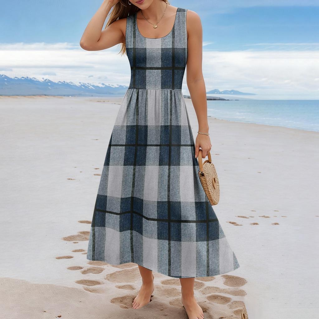 Ladies' Checkered Summer Casual and Fashionable Sleeveless Long Dress