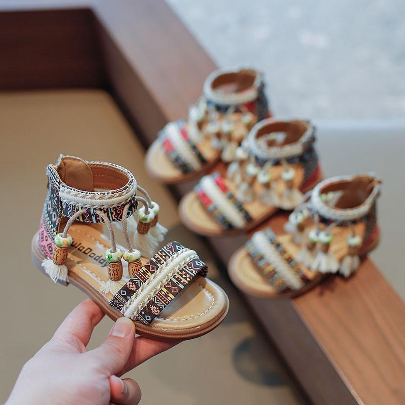 Sandalias Niñas Étnicas Retro Moda Infantil Calzado Casual Borlas Cremallera Trasera Verano Nuevas Sandalias Patrón Niños GLADIADOR Lindas