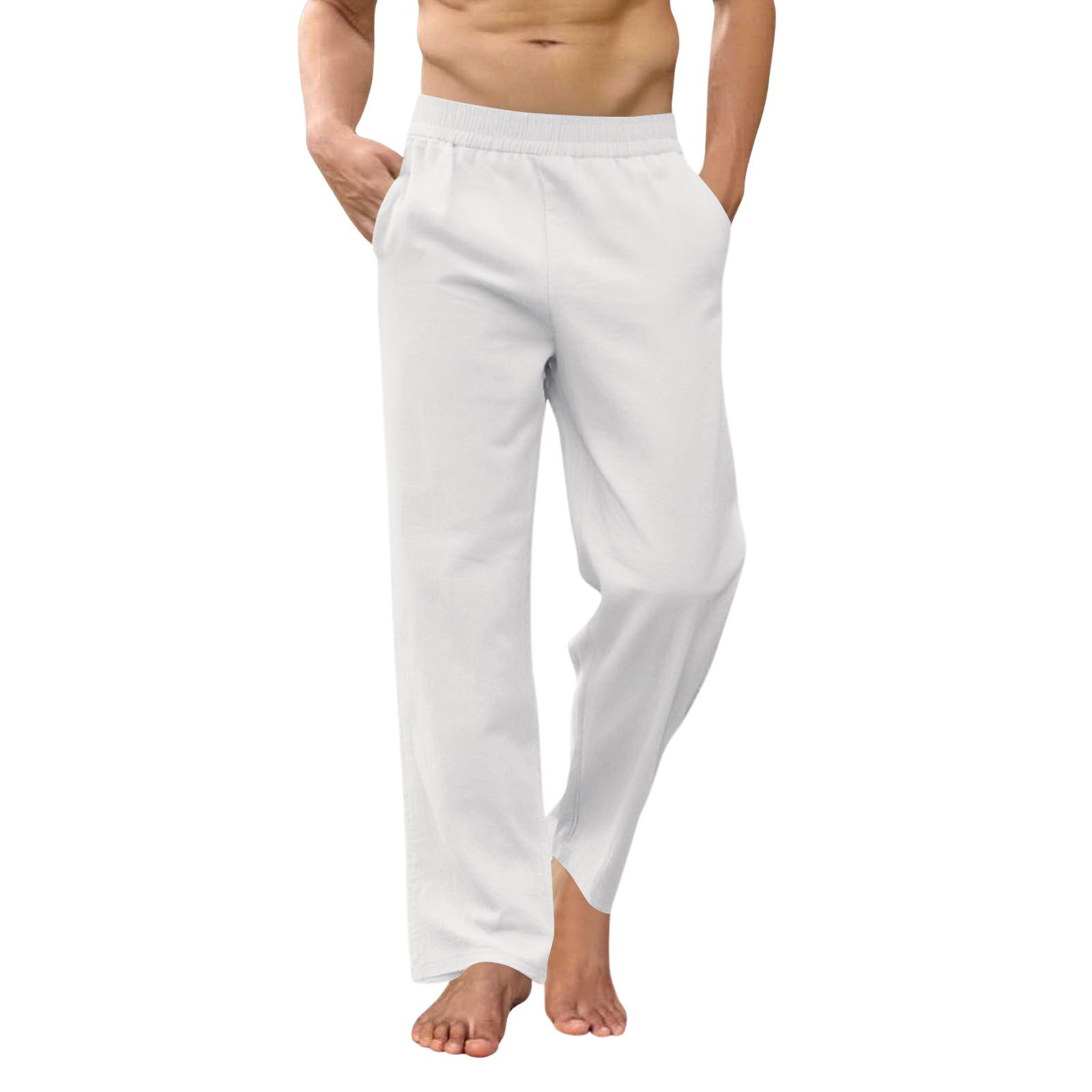 Men s Loose-Fit Casual Cotton-Linen Stretch-Waist Straight-Leg Trousers M белый