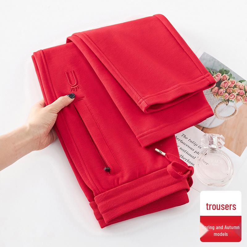 GAGN Women's Red Korean Style High Waist Long Pants - Plus Size Casual 2025