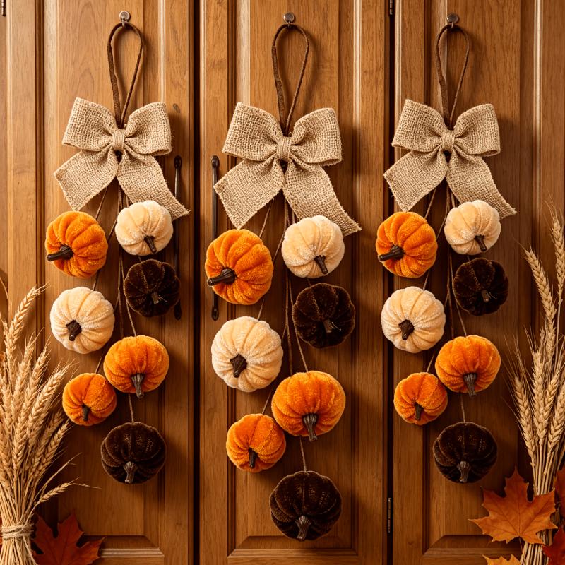 Artificial Velvet Foam Fabric Pumpkin Wall Hanging with Hook, Autumn Home Farmhouse Harvest Thanksgiving Window and Door Decor