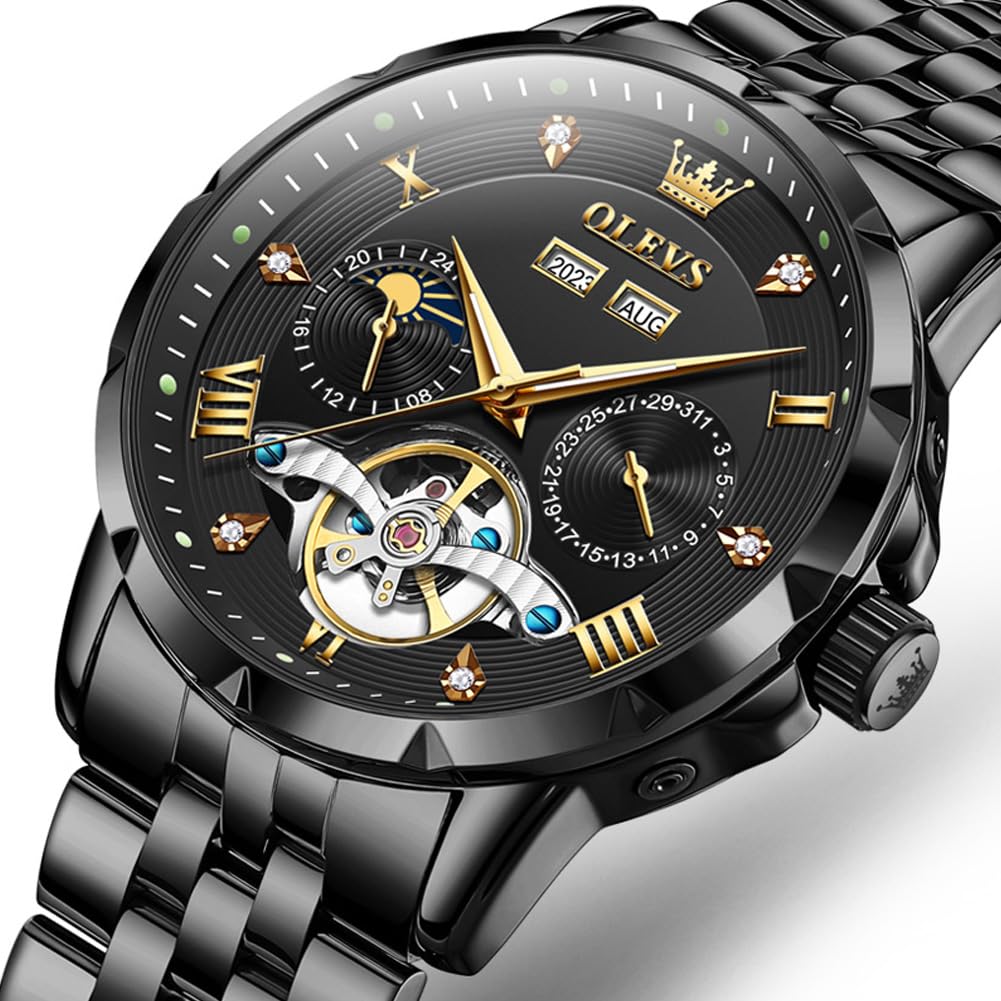 OLEVS Men's Mechanical Automatic Watch with Moon Phase Display, Stylish Skeleton Design, Waterproof, Popular, Luminous Watch, Black