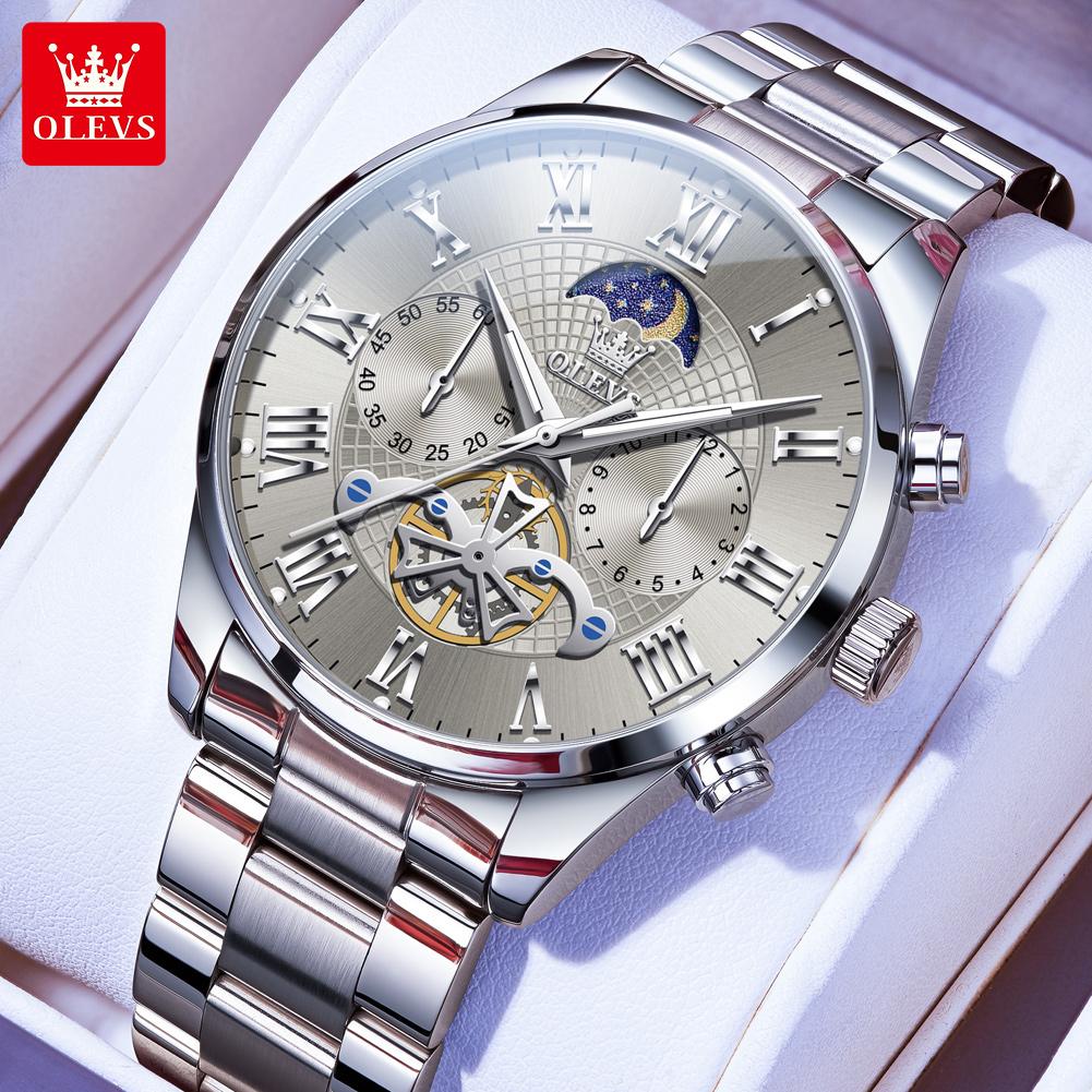 OLEVS Men's Watches Multifunctional Chronograph Flywheel Dial Original Wristwatch Moon Phase Waterproof Watches