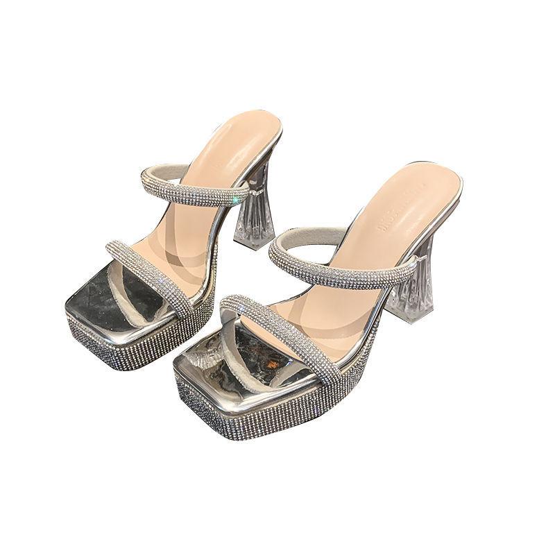 Rhinestone Word with Thick-soled Cool Slippers New Transparent Crystal Thick-heeled Waterproof Table Model Catwalk High-heeled Sandals Women