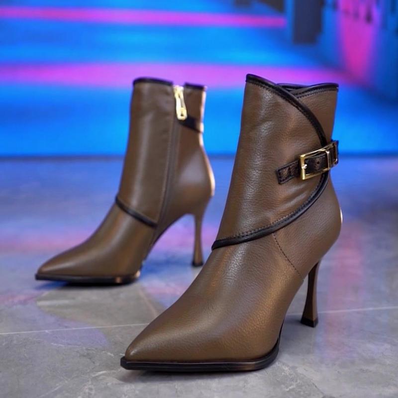 Fashion FHANCHU 2025 New Women Ankle Boots,High Heeled Short Botas,Fashion Buckle Winter Shoes,Pointed Toe,34-39,Back,Brown,Dropship