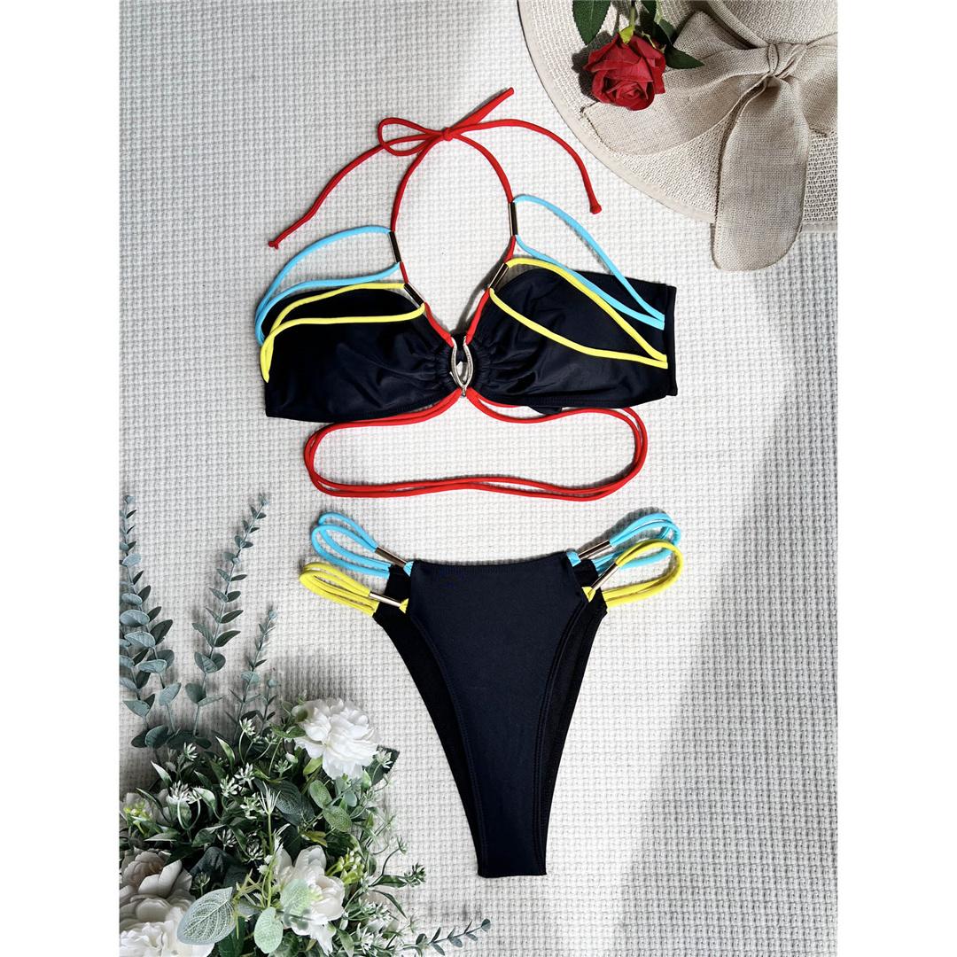 

Сращивание Холтер с высоким вырезом и ремешками, женский купальник, женский купальник, комплект бикини из двух частей, купальный костюм, купальный костюм S чёрный