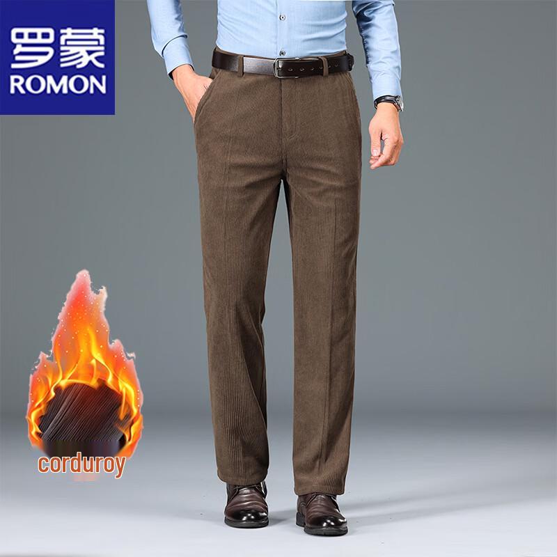 ROMON Men's Fleece-Lined Corduroy Relaxed Straight-Leg Casual Pants