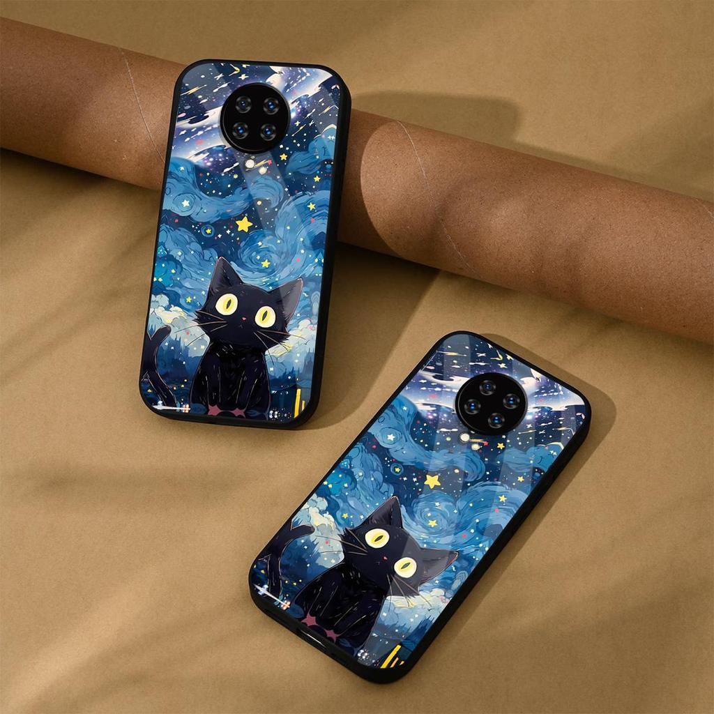 Case for Xiaomi POCO F2 Pro Anime Black Cat Starry Cloud Print Phone Cover Acrylic Hard Back Shell With Flexible TPU Edge