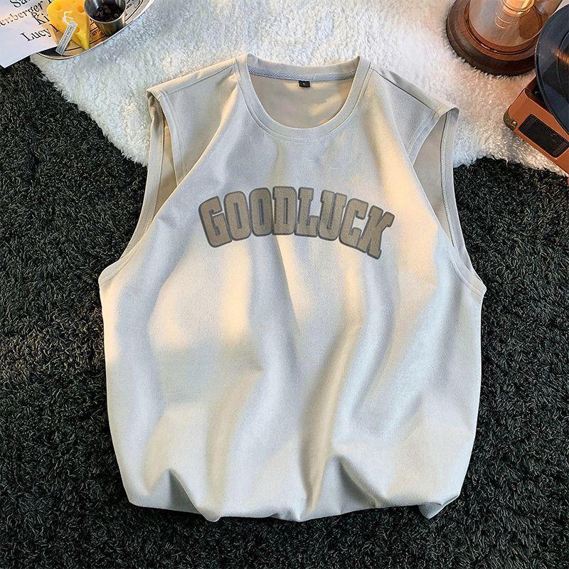 220GSM Unisex Sleeveless T-shirt Summer Suede Vest American High Street Vintage Oversized T-shirt