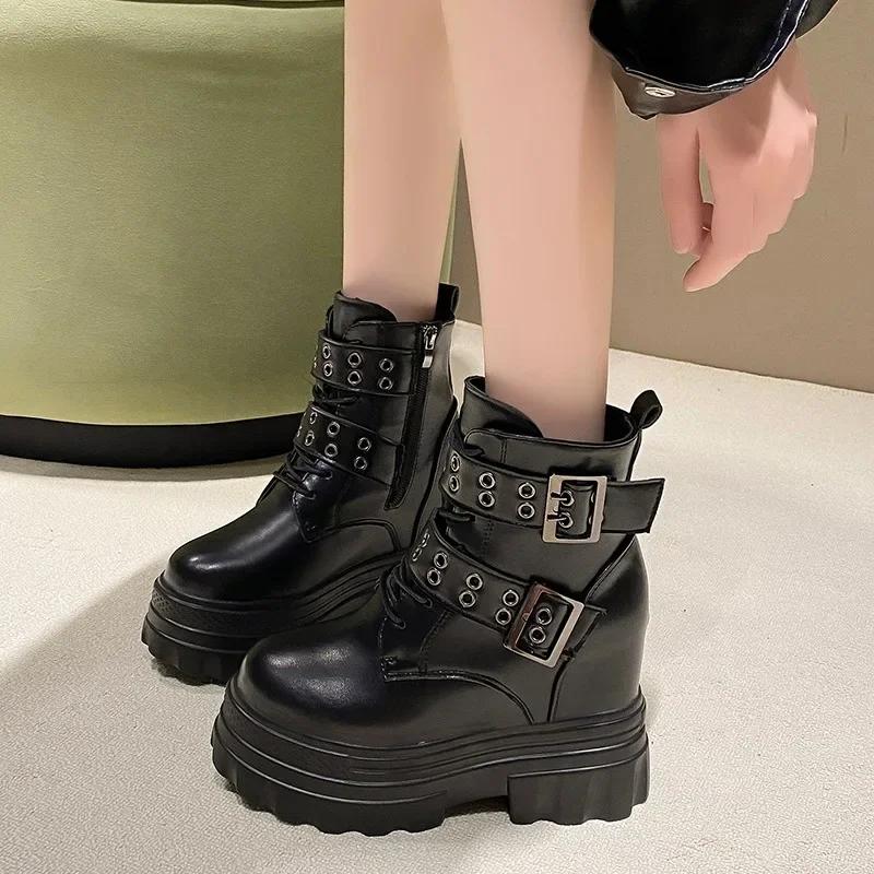 Fashion 11CM Women's High Platform Motorcycles Boots Winter Wedge Heels Ankle Boots Chunky Sneakers New Autumn Leather Punk Shoes Woman