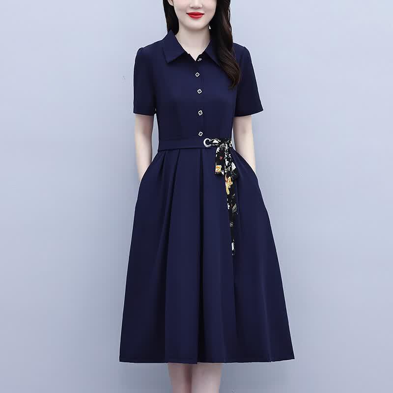 Women's Ice Silk A-Line Polo Midi Dress