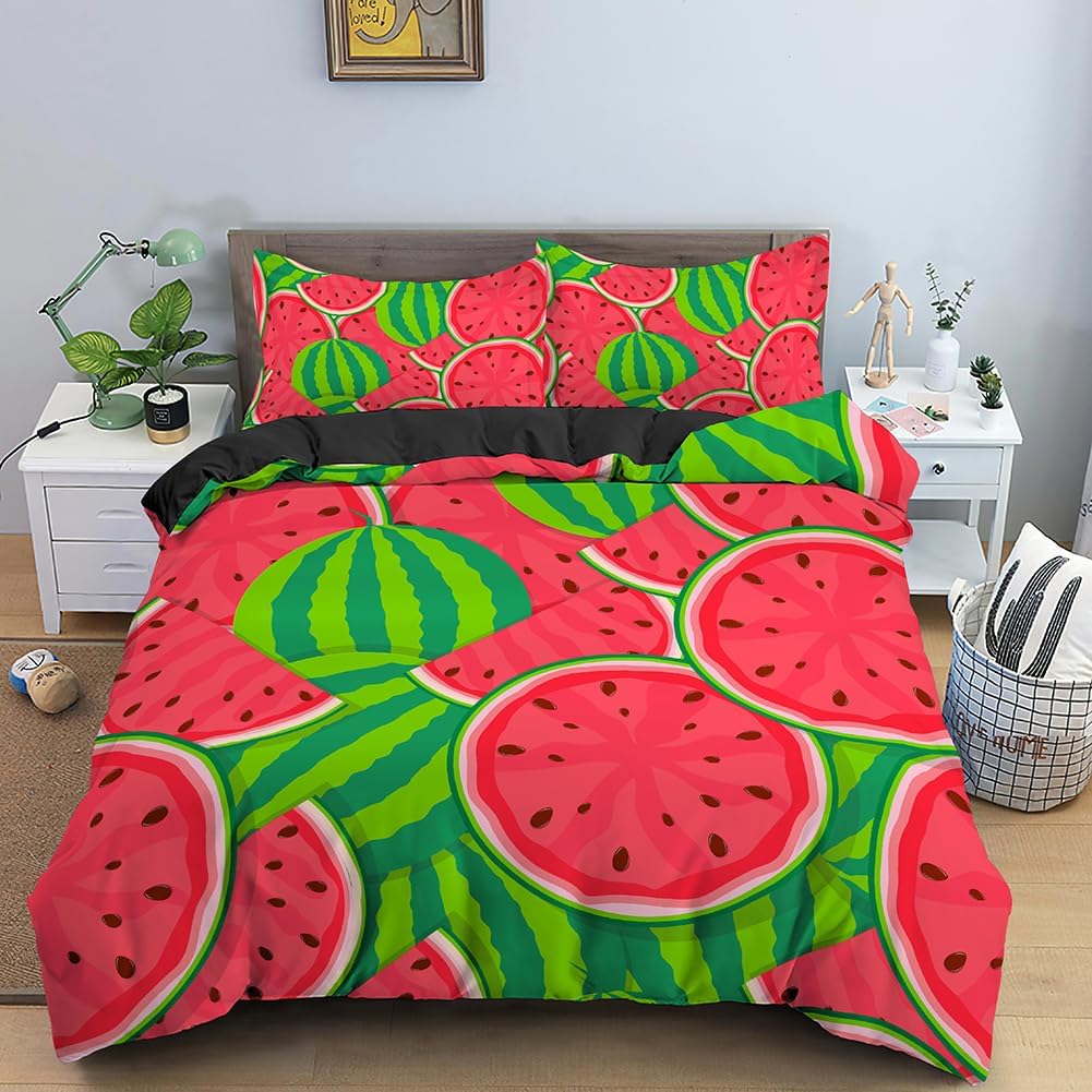 Fruits Duvet Cover Set, Watermelon Comforter Cover with Pillowcase, Summer Fruits Theme Bedding Set 2pcs for Kids Boys Girls