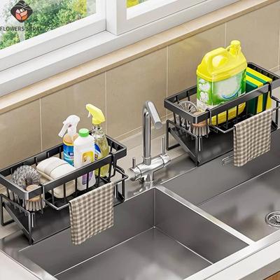 Černý/Bílý úložný stojan na čisticí náčiní do kuchyňského dřezu, Kuchyňský nerezový odkapávací stojan, Úložný stojan na houbičky a čističe