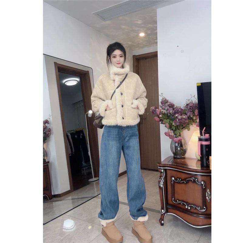 Women's Retro Fleece-Lined High-Waisted Wide Leg Jeans, Autumn/Winter 2025