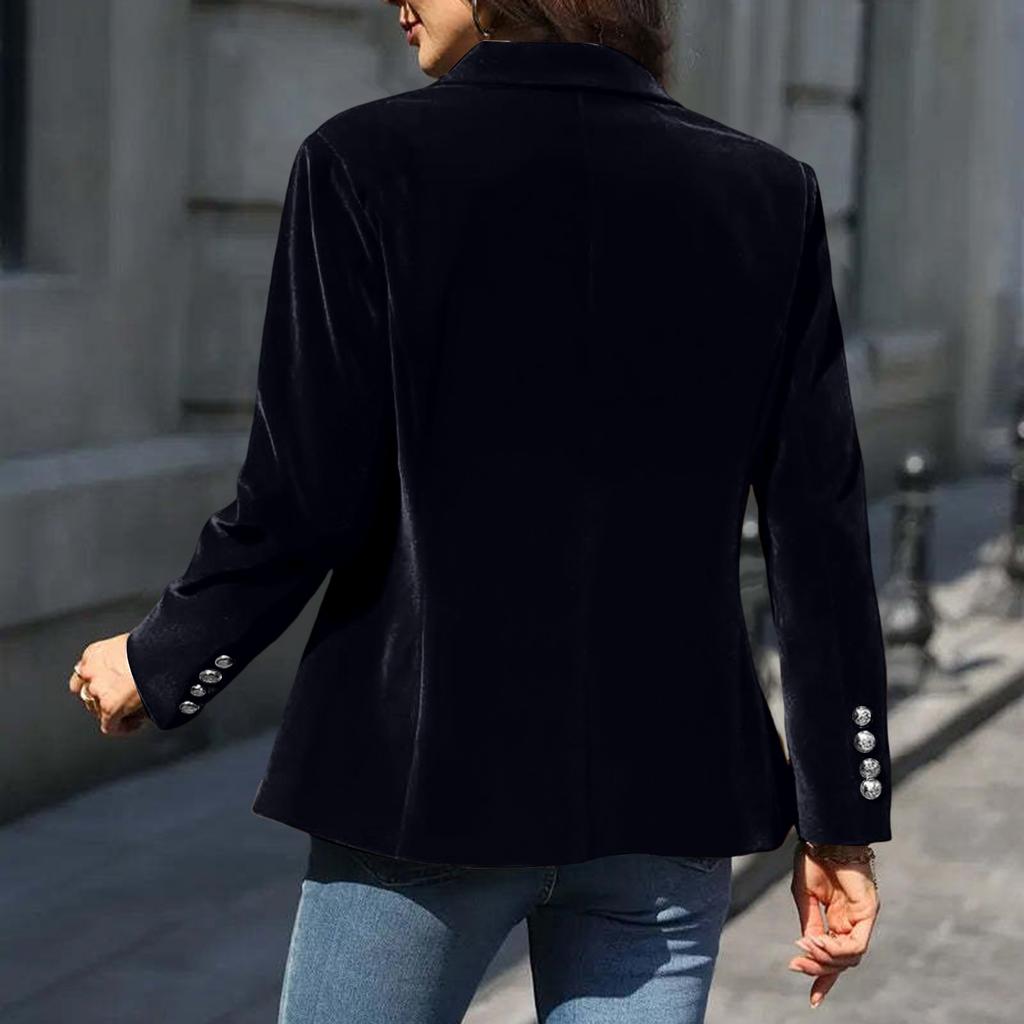 Women's Fashion Elegant Solid Color Long Sleeve Velvet Blazer Button Closure Notched Lapel Suit Jacket for Office Work Casual Wear