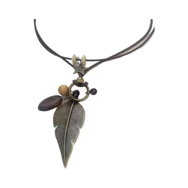 Mori retro ethnic style wooden pendant necklace jewelry female bohemian style multi-layer stacking wearing holiday style long necklace