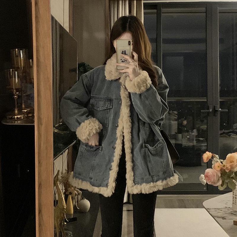 Women's Lambswool Denim Jacket, Autumn/Winter 2025, Loose Fit, Plus Velvet Thick Cotton Coat, Petite Plus Size.