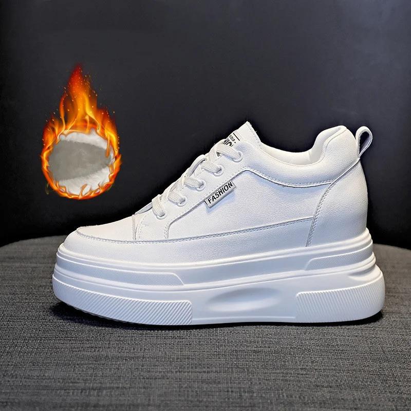 Fashion Women Sneakers Increased Platform Shoes 10CM Casual Footwear Leisure Genuine Leather White Shoes Women's Vulcanize Shoes Spring
