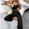 Women Pajamas 2 Pcs/Set Pants Top Suit Low-cut V Neck Sleeveless Solid Color Shirring Drawstring High Sleepwear Set Elastic Waist Lace Summer Homewear