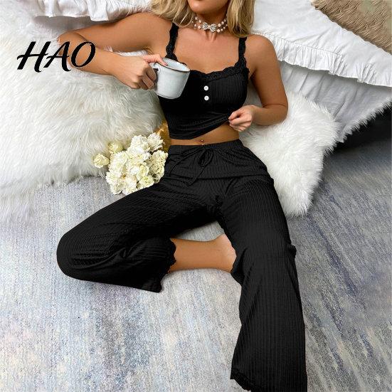 Women Pajamas 2 Pcs/Set Pants Top Suit Low-cut V Neck Sleeveless Solid Color Shirring Drawstring High Sleepwear Set Elastic Waist Lace Summer Homewear