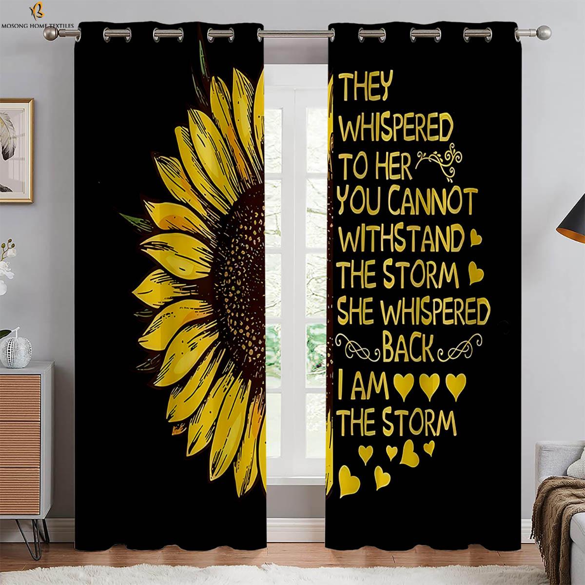 

Black Retro Sunflower Floral Alphabet Print Curtains Bedroom Family Room Area Kitchen Area Window Decoration Curtains 2 Units W50xH130(CM)x2PCS&Grommet Top