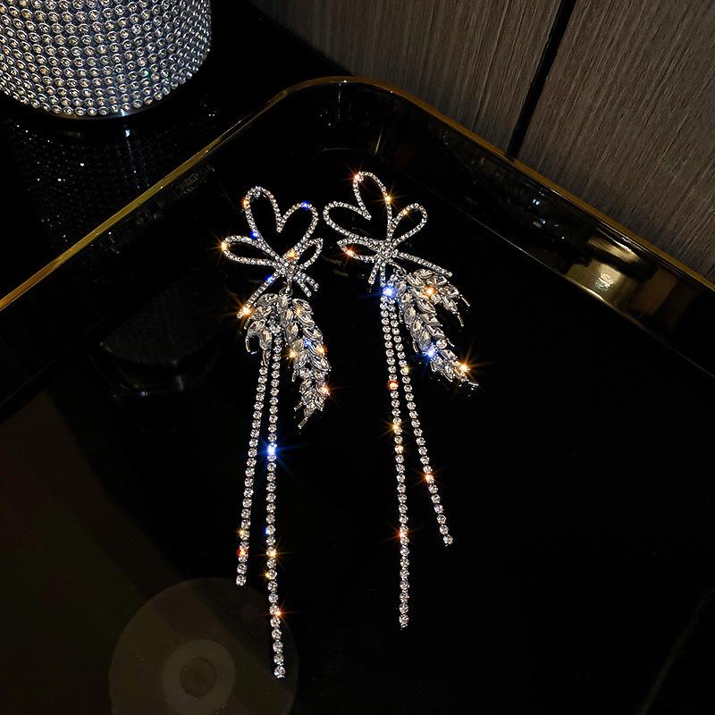 2025 Light Luxury Silver Needle Diamond Flower Tassel Earrings - Elegant European & American Style for Women