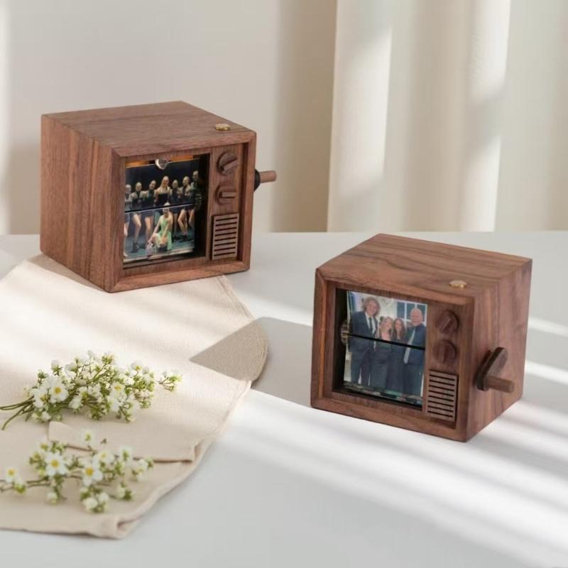Portable Wooden Hand Cranked Music Box Featuring 16 Photo Rotation and Glowing Light for Wedding Event