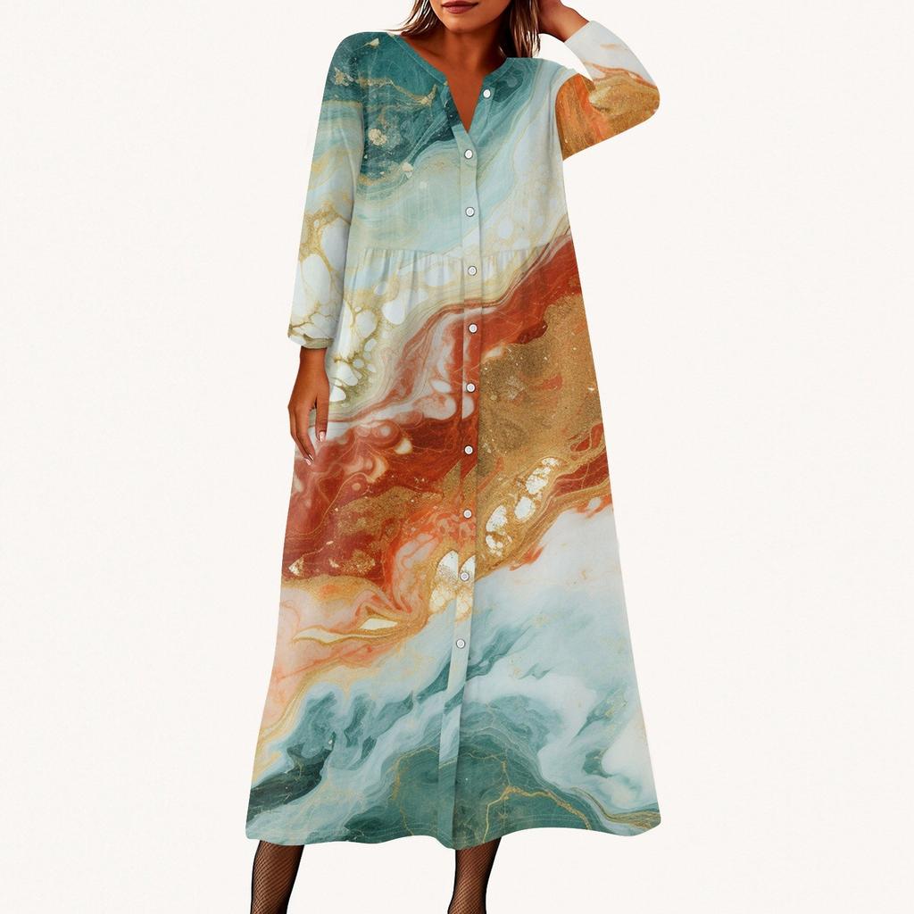 Dámské módní tištěné kulaté sedmiminutové rukávy knoflíkové volné košilové šaty