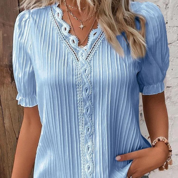 Damen Freizeit Kurzarm V-Ausschnitt Blusen Hemden Einfarbig Druck Mode Frühling Sommer