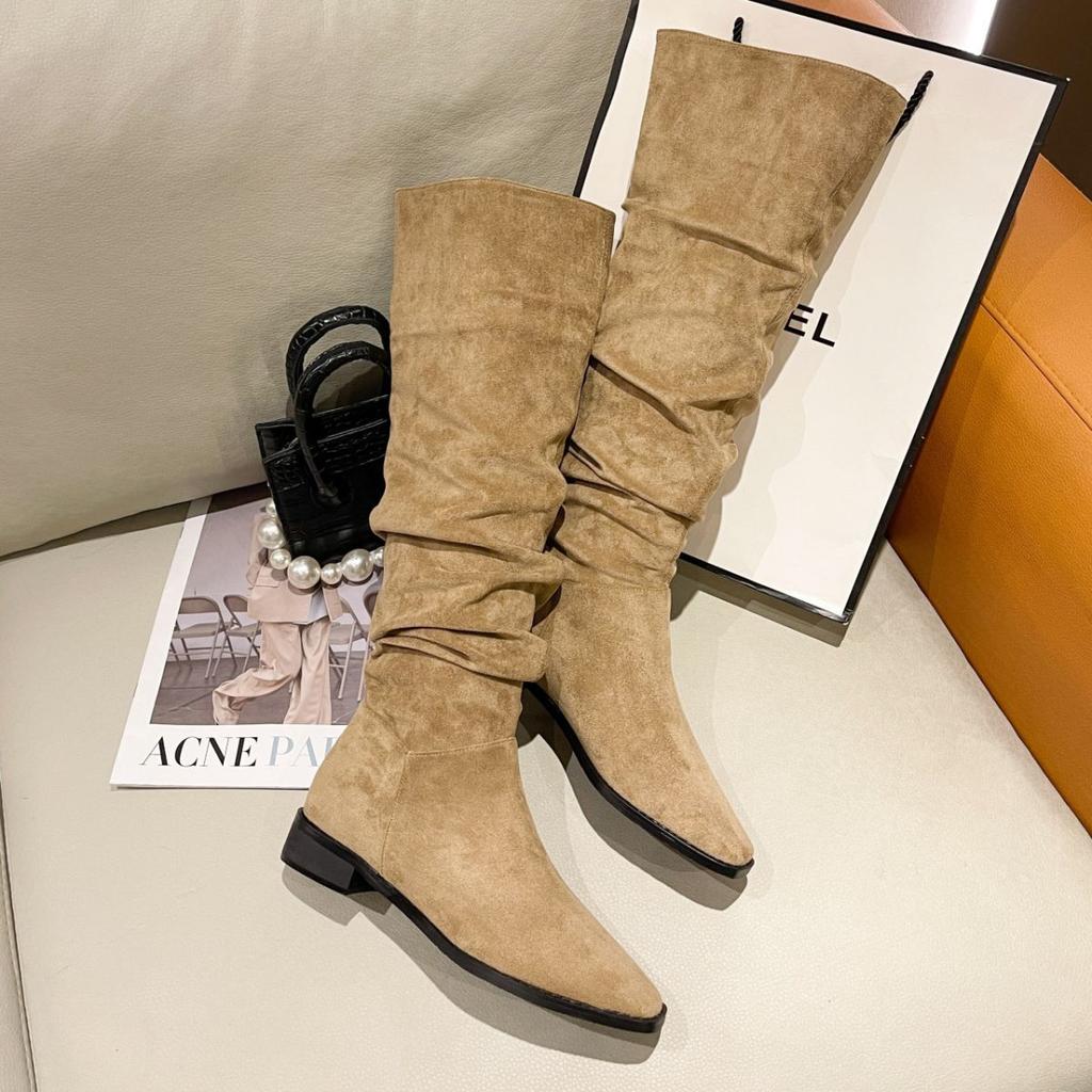 2025 autumn and winter new elastic boots square head low heel high tube fashion superb foreign style women's versatile stacking boots thin boots