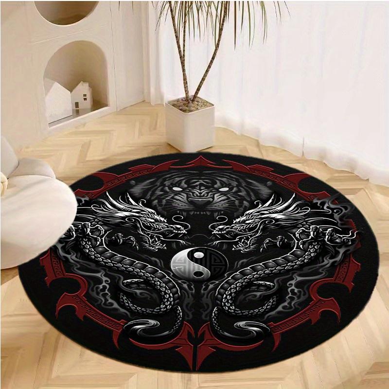 [Crystal Velvet] 1pc Yin Yang Black Dragon Tiger Round Rug,Non-Slip Area Rug,Office Chair Mat,Carpet for Living Room,Bedroom,Home Decor