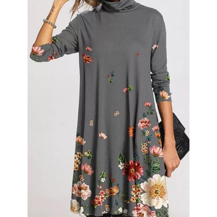 Vintage Women Turtleneck Dress Winter Elegant Loose Casual Long Sleeves Warm Patchwork Print Female Vestidos