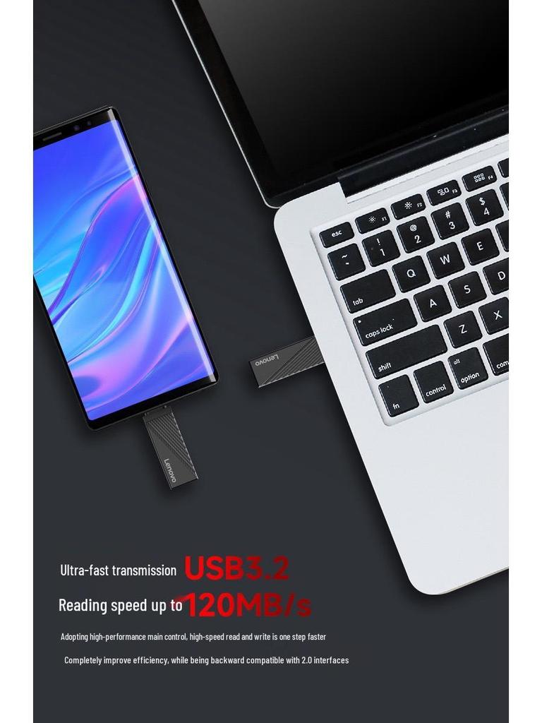 Lenovo Dual-Use USB Flash Drive: 32GB, 64GB, 128GB - Ideal Wedding Gift, High-Speed, Large Capacity for Phones & Computers.