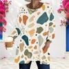 Women Plus Size Blue Pink Geometric Printed Round Neck Long Sleeve Loose Longline T Shirt With Pockets