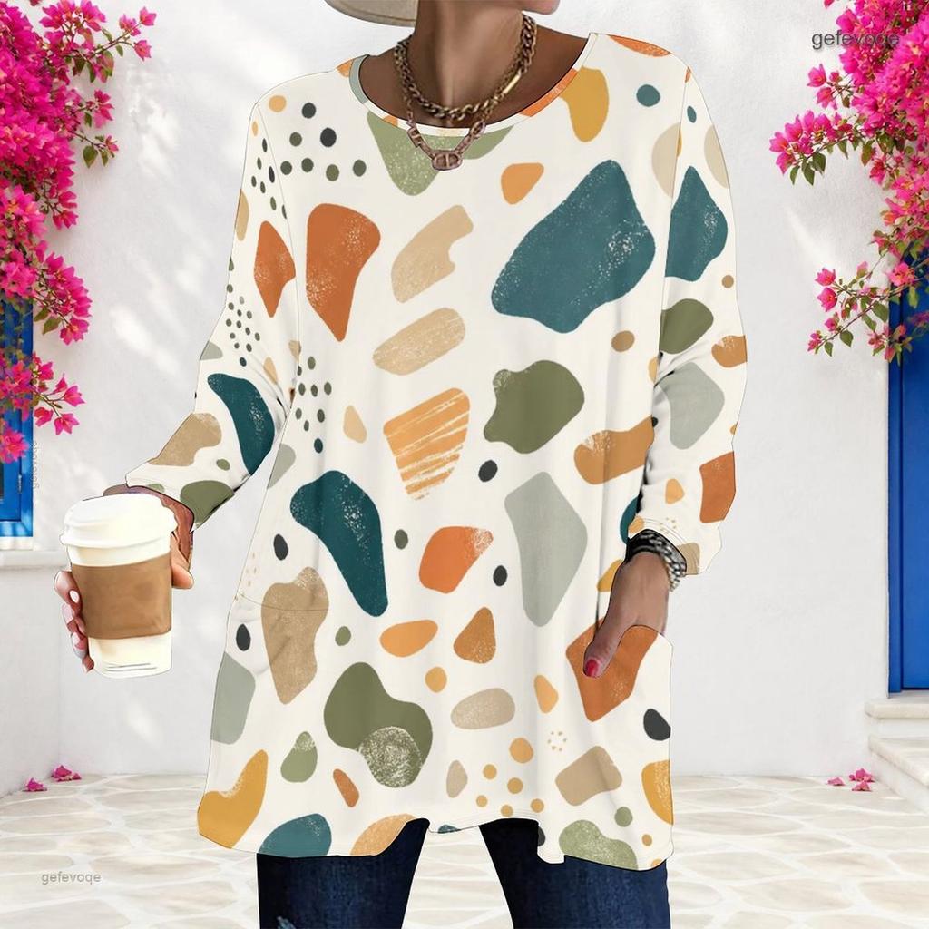 Women Plus Size Blue Pink Geometric Printed Round Neck Long Sleeve Loose Longline T Shirt With Pockets