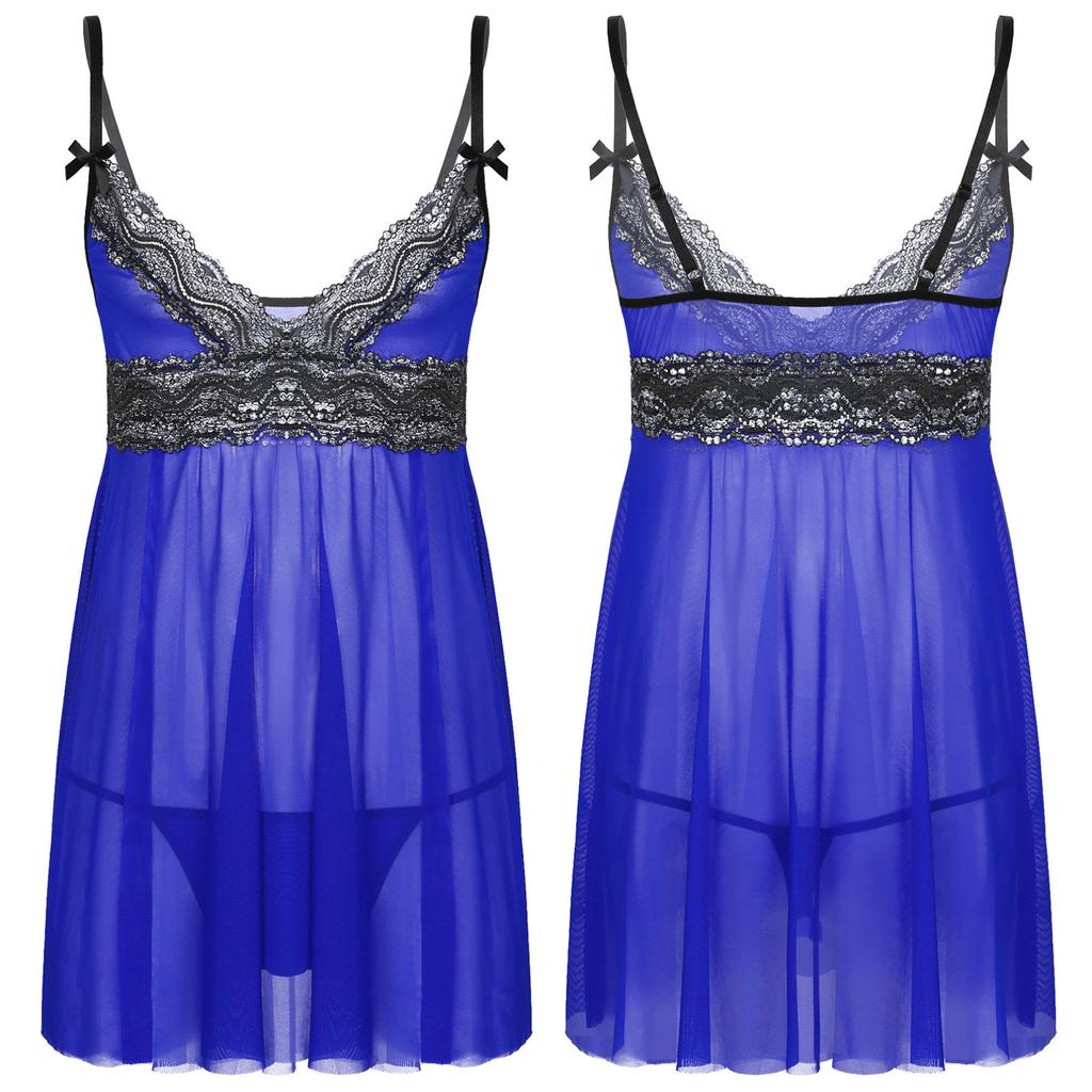 Mens Sissy Lingerie Pajamas Outfits See Through Lace Mini Dress with Thong Teddy Chemise Babydoll