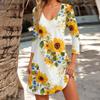 Women's Fashionable Casual V-Neck Floral Print Pocket Seven Quarter Sleeve Dress