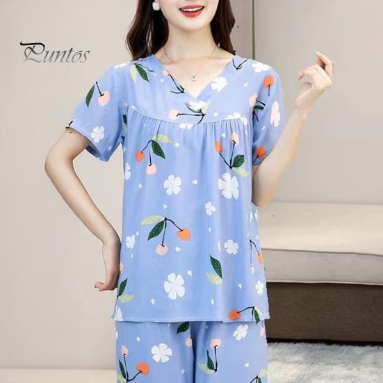 Women's Cotton Pajamas Set Short Sleeve Top Long Pants Casual Two-Piece Sleepwear Set Summer Plus Size Thin Loungewear for Elderly Mom