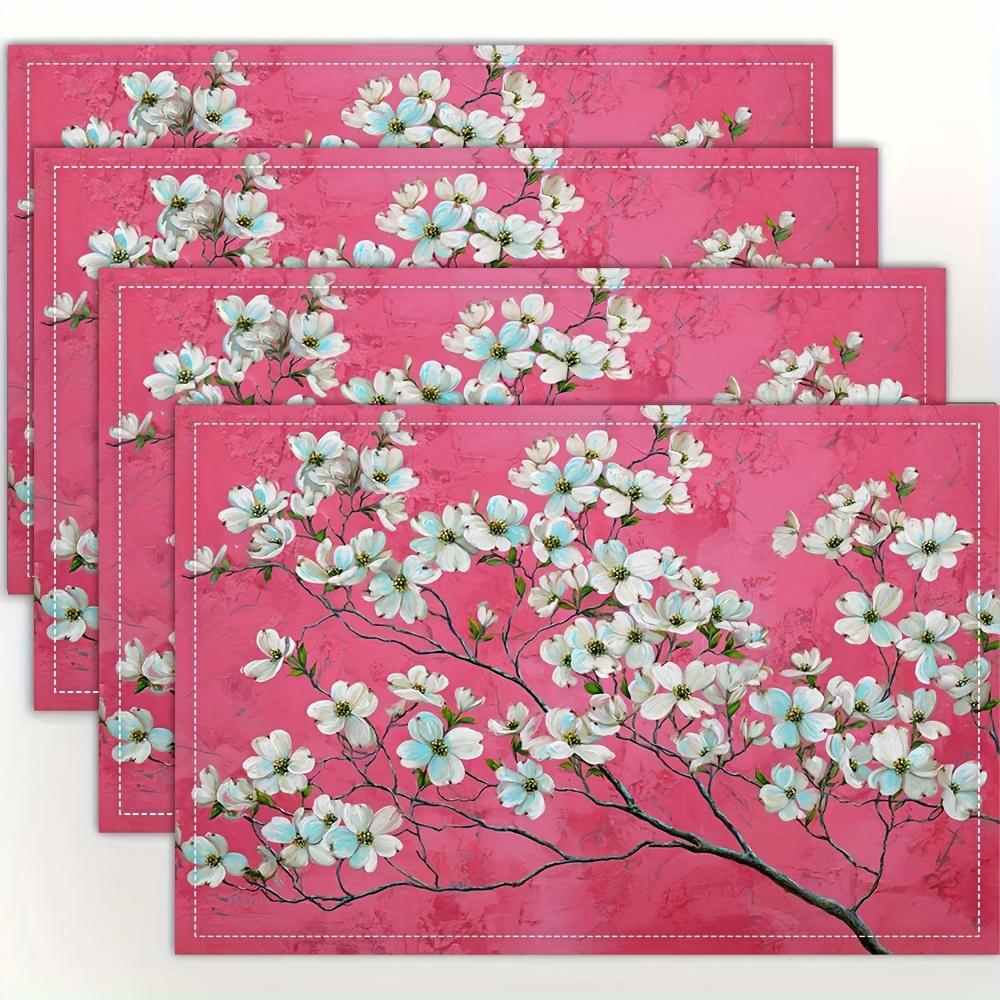 4pcs Dogwood Blossom Placemats Spring Floral Print Pink Background Washable Polyester Table Mats for Dining Kitchen Home Decor