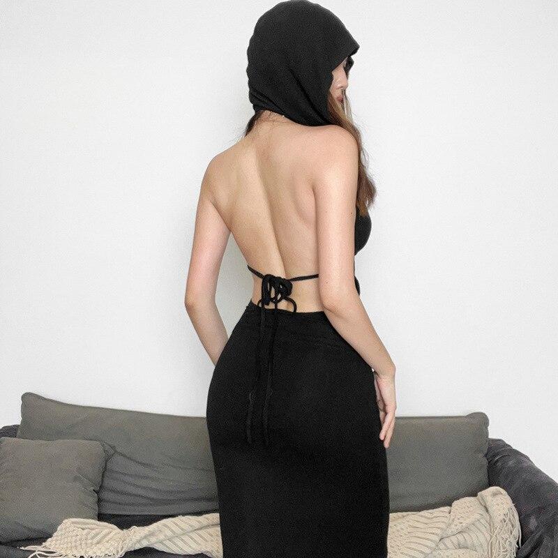 Deep V Neck Sexy Long Hooded Dress Women Fashion Halter Neck Backless Balck Bodycon Y2k Dress Wrap Hip Robe Party Club 26247