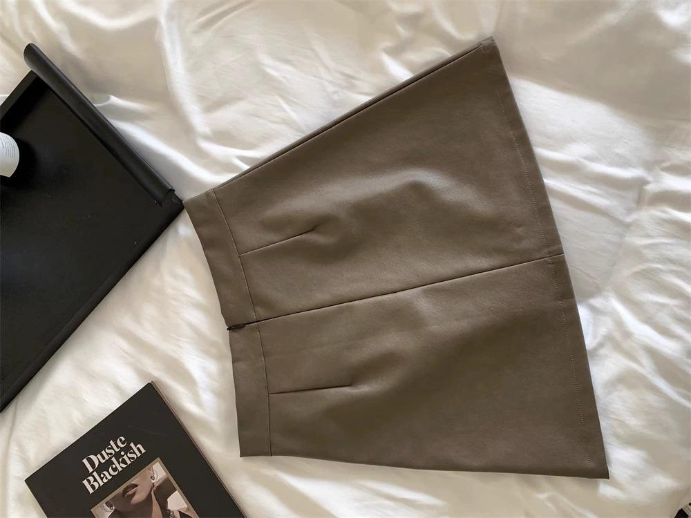 Korean Style High-Waisted PU Leather A-Line Skirt for Women - Short, Slimming, and Hip-Hugging