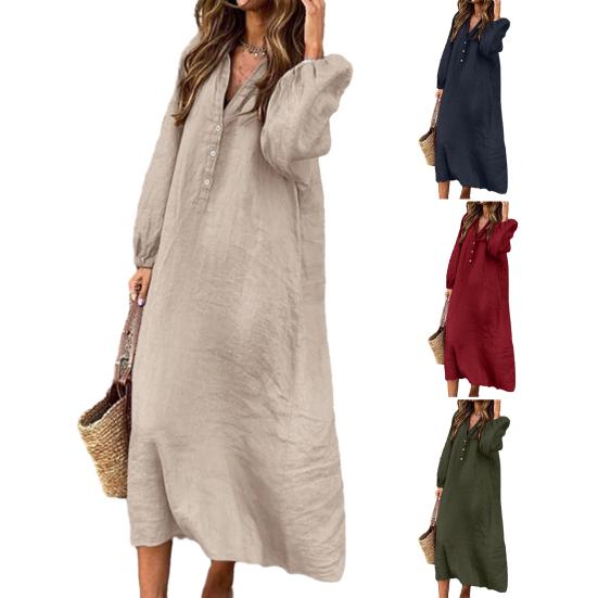 Summer Ladies Dress Cotton Linen V-Neck Elegant And Breathable Long Sleeve Button