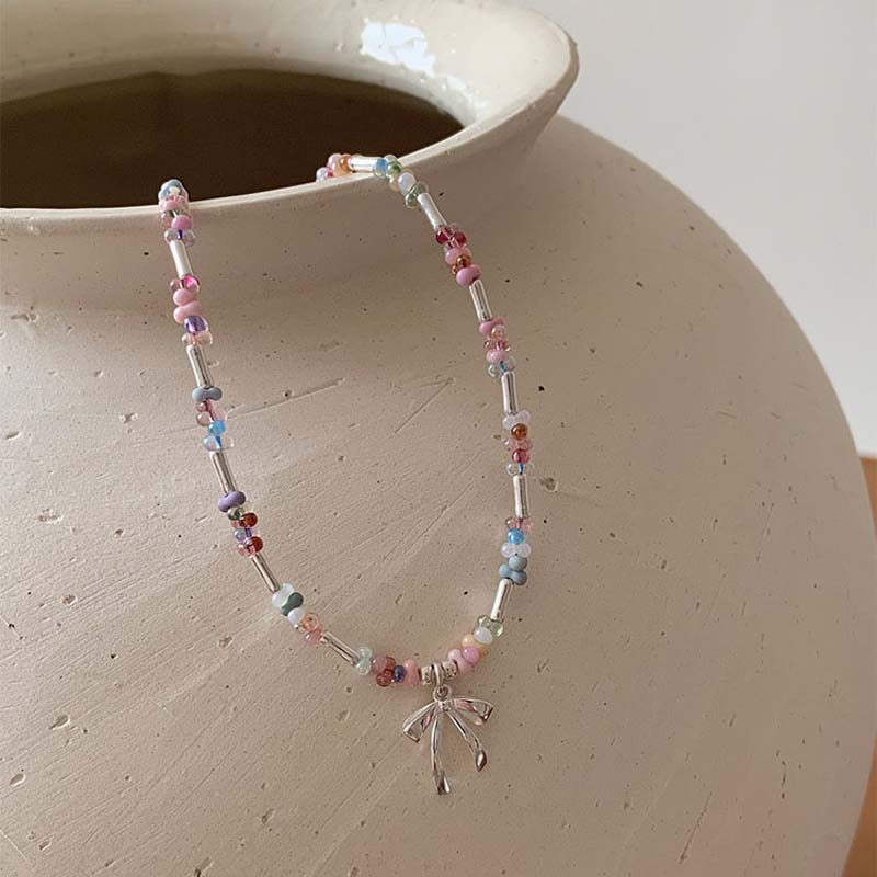 Sweet Colorful Crystal Bead Bow Necklace for Women Girls Bohemian Handmade Beads Chain Choker Necklace Fashion Jewelry Gifts